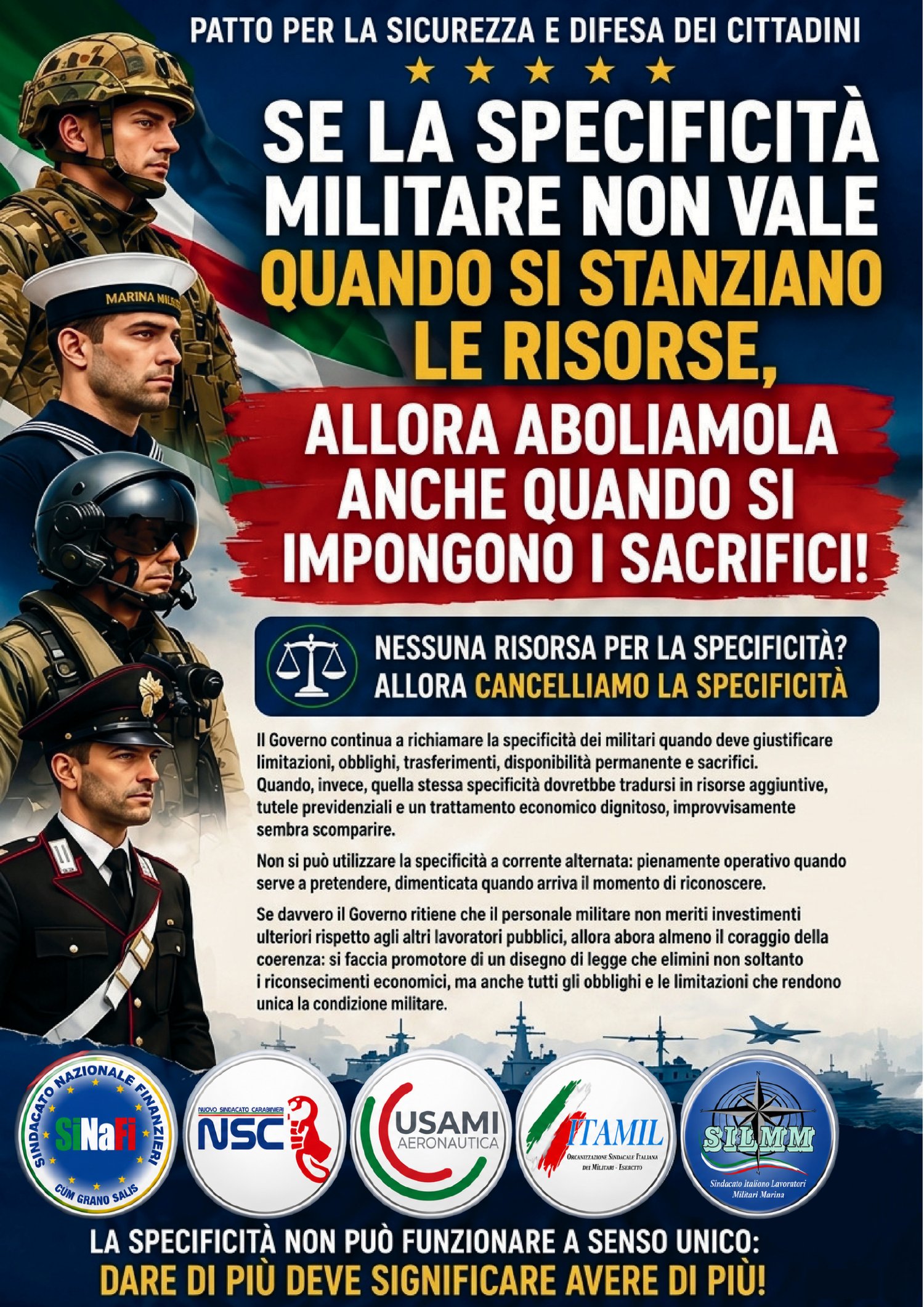 Manifesto: se la specificità militare non vale per le risorse, aboliamola anche per i sacrifici.