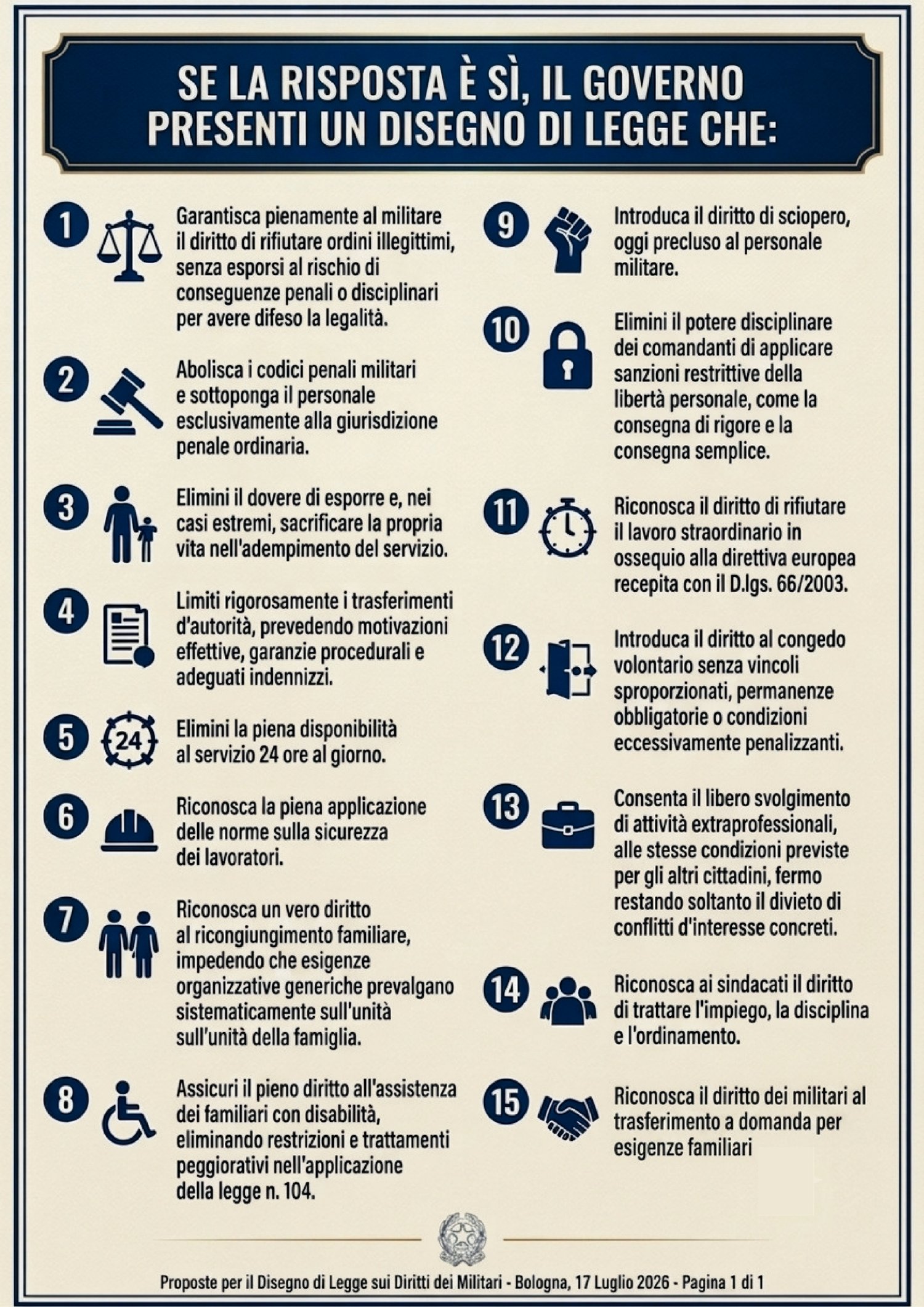 Le 15 richieste al Governo per un disegno di legge sui diritti dei militari.