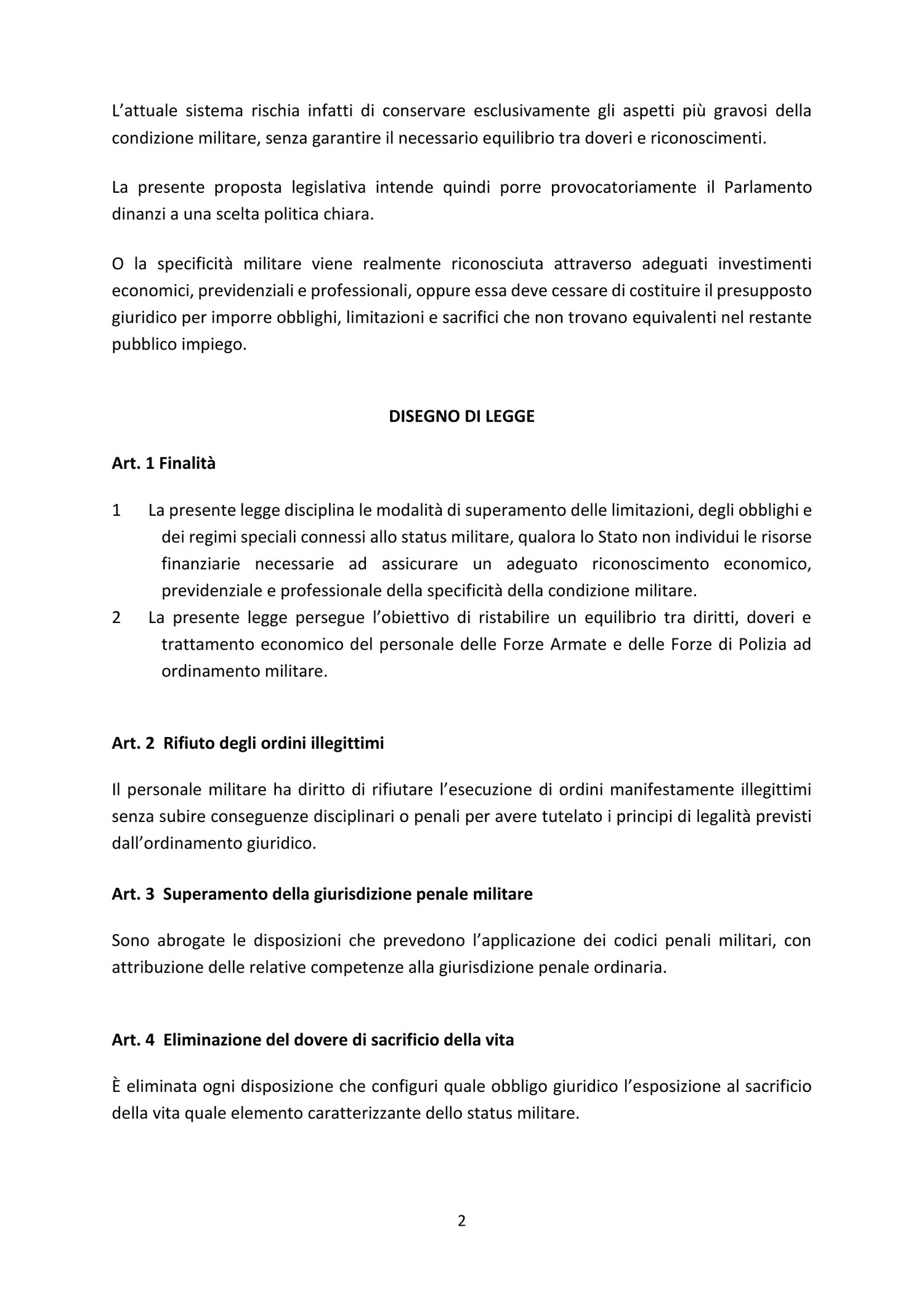 Testo del disegno di legge, articoli iniziali.