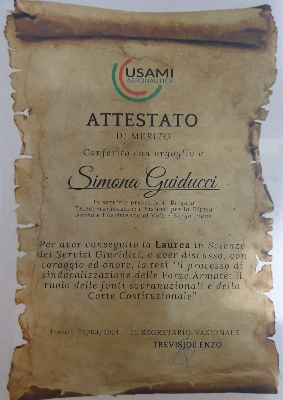 Attestati di merito laurea su sindacalizzazione forze armate italiane